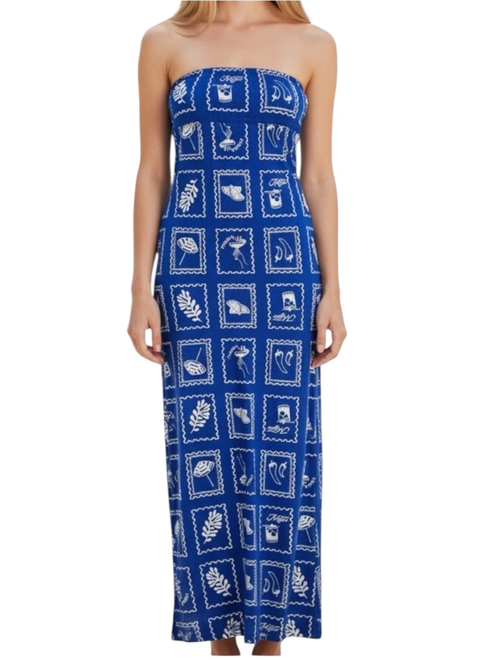 Paper Heart Strapless Royal Blue & White Postal Printed Midi Casual Dress Sz M